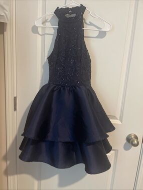 Women Sz 1-2 Navy High-Neck Beaded Halter  top Party Dress with Tiered MinSkirt